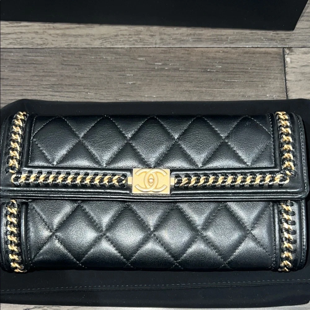RARE!! Chanel Black and Gold Quilted distressed chain flap wallet